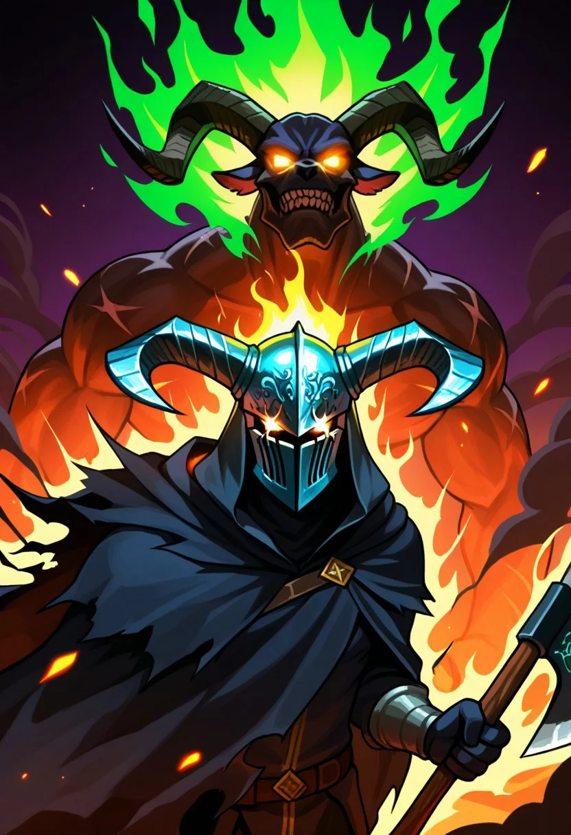 score_9, score_8_up, score_7_up, 1boy, A close-up view of a dark, magical creature in the heat of battle, its upper body twisted in a fierce, violent motion. The creature’s helmet, adorned with jagged horns and engraved with ancient runes, reflects the fiery glow of nearby flames. From the slits of the helmet, its glowing eyes burn with a fierce, orange intensity, focused on an unseen enemy. As it swings its massive, bloodstained axe, the creature’s shoulders are shielded by worn, jagged armor, dark as night, etched with battle scars and covered in soot. The edges of its cloak whip around violently, torn and singed from the ongoing chaos, with tendrils of smoke curling upward like dark spirits. Tiny, glowing embers flicker from the cloak’s hem as it moves, the air around it crackling with dark, raw magic. The creature’s neck, partially exposed, reveals dark, rune-marked skin that pulses faintly with a sickly green glow, charged with magic. In the background, the sounds of battle rage on, but the focus remains on this terrifying creature, frozen in motion, with the axe raised high and a glimmer of rage and power in its eyes, as if it were about to unleash a devastating blow. The scene is thick with the stench of smoke and magic, and the fine details of the creature’s armor, cloak, and weapon shine through, adding to the intensity of the moment. masterpiece, digital artwork, hd, looking at viewer