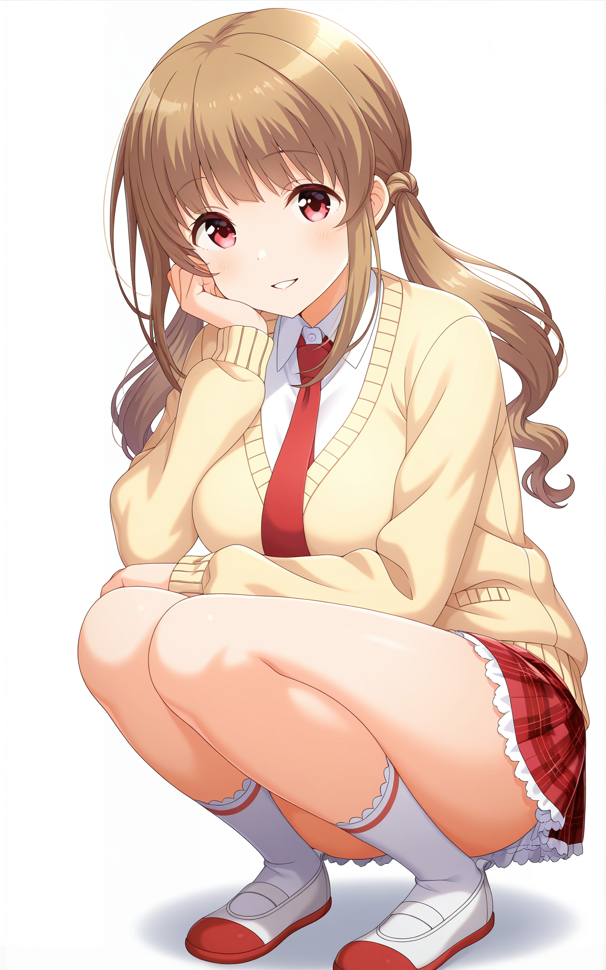 masterpiece, best quality, good quality, newest,4k, perfect lighting, cinematic, very aesthetic, official art, anime screencap, anime coloring,(((white background,simple background))),
1girl,solo,natsumi,brown hair,long hair,twintails,red eyes,seio school uniform,yellow cardigan,red necktie,large breasts,red skirt,plaid skirt,frilled skirt,miniskirt,thighs,white socks,uwabaki,
looking at viewer,facing at viewer,seductive smile,parted lips,squatting,head rest,full body,BREAK
<lora:ILnatsumi:0.9>