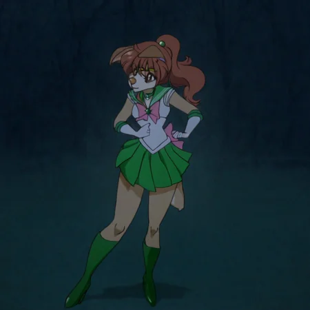 Dan1ka,1girl,solo,furry,furry female,dog girl,dog ears,brown hair,ponytail,long hair,hair between eyes,brown eyes,snout,animal nose,collar,body fur,dog tail, hair ornament,, flower earrings, circlet, sailor senshi uniform, magical girl, green choker, green sailor collar, pink bow, white gloves, elbow gloves, green skirt, pleated skirt, pink back bow, green footwear, high heel boots, full body, outdoors, street