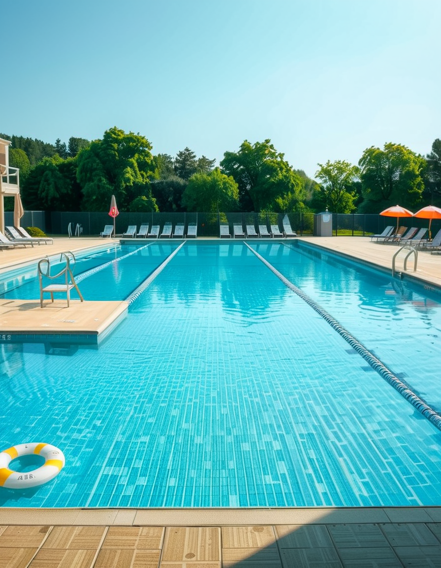 A large public swimming pool on a sunny day, completely empty of people. The clear blue water is still, reflecting the bright sky. Sunlight creates shimmering patterns on the tiled pool floor. The pool deck is lined with neatly arranged lounge chairs and colorful umbrellas. A lifeguard chair stands vacant at the poolside. Surrounding the area, lush green trees and well-maintained landscaping add a sense of tranquility. The atmosphere is calm and serene, with no movement except for the gentle ripples in the water.
<lora:SDXLFaeTastic2400:0.4> <lora:extremely_detailed:0.4> extremely detailed, <lora:public_swimming_p00l:1>,public swimming p00l, Masterpiece,best quality,hi res,8k,hi res,8k,award winning,(sharp focus, intricate, highly detailed),