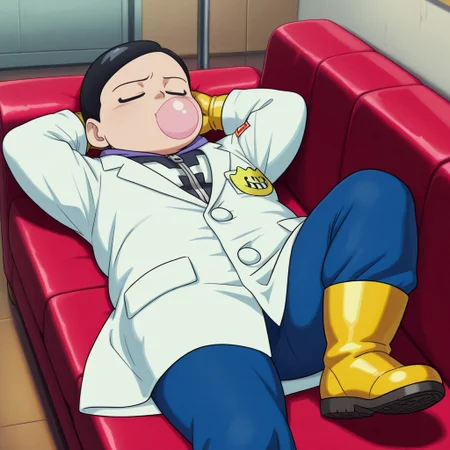 masterpiece, best quality, amazing quality, drhedo, 1boy, male, solo, human, short hair, black hair, black eyes, black eyeliner, short, chubby, purple and black costume, zipper, yellow gloves, yellow belt, yellow boots, white lab coat, blue pants, laying on back, on couch, arms behind head, blowing gum, closed eyes, leg up, indoors, fancy room, high angle