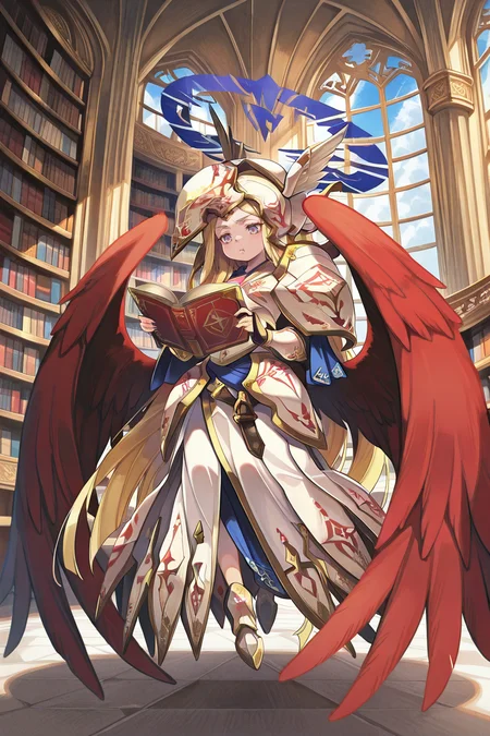 masterpiece, best quality, amazing quality, very aesthetic, absurd, newest, detailed eyes, <lora:illustrious_quality_modifiers_masterpieces_v1:0.8> , solo, <lora:ChamIllustriousBackgroundEnhancer:0.5>, detailed background, <lora:Kitn_marietta_illust:0.9> , Kitn_marietta_illust, blonde hair, wings, halo, armor, solo, heaven, exterior, frown, pout, library, reading book, looking down, full body,