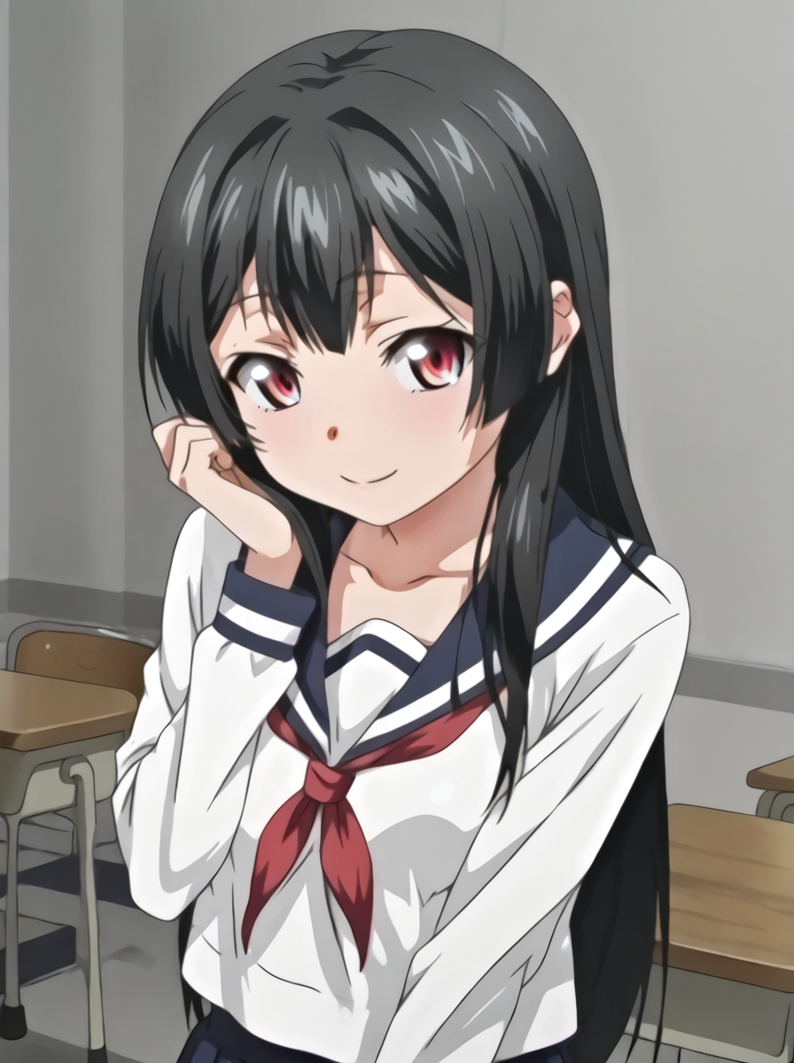 detailed background, shiny skin, posing, rating safe, 
<lora:toshiden.pony:0.9>,
toshiden, sadajk, 
clothed girl, 
school uniform, long sleeves,