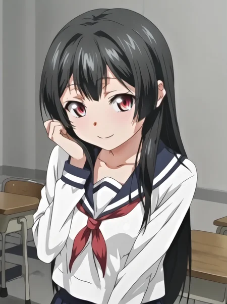detailed background, shiny skin, posing, rating safe, 
<lora:toshiden.pony:0.9>,
toshiden, sadajk, 
clothed girl, 
school uniform, long sleeves,