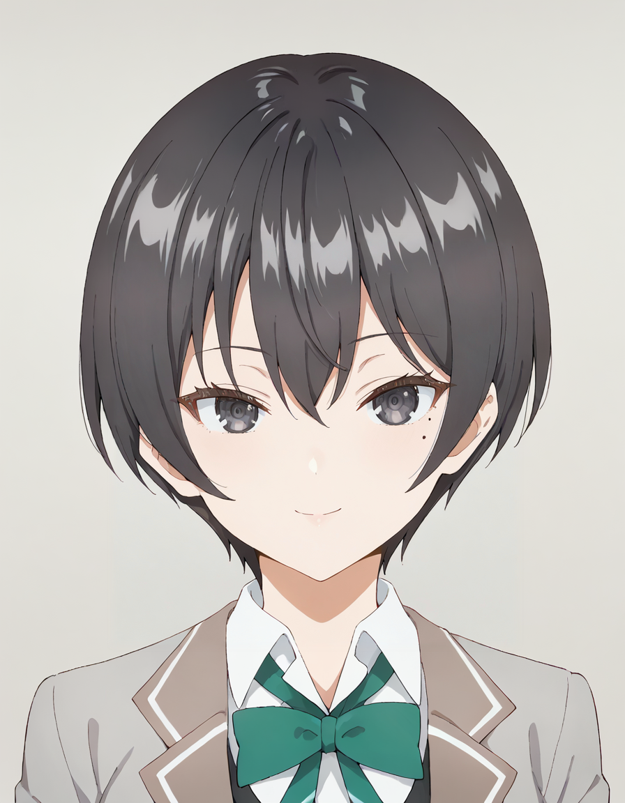 score_9, score_8_up, score_7_up, source_anime, BREAK
1girl, solo, looking at viewer, simple background,
chisaki sarashina, black hair, short hair, hair between eyes, black eyes, (mole under eye:0.7),
school uniform, grey jacket, open jacket, long sleeves, green bow, white shirt, collared shirt, black vest, buttons, black dress, light smile,
<lora:chisaki_sarashina_anime_v2-soralz:1>