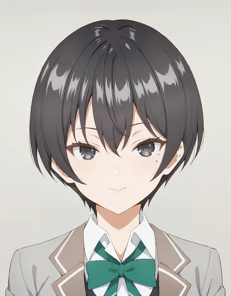 score_9, score_8_up, score_7_up, source_anime, BREAK
1girl, solo, looking at viewer, simple background,
chisaki sarashina, black hair, short hair, hair between eyes, black eyes, (mole under eye:0.7),
school uniform, grey jacket, open jacket, long sleeves, green bow, white shirt, collared shirt, black vest, buttons, black dress, light smile,
<lora:chisaki_sarashina_anime_v2-soralz:1>