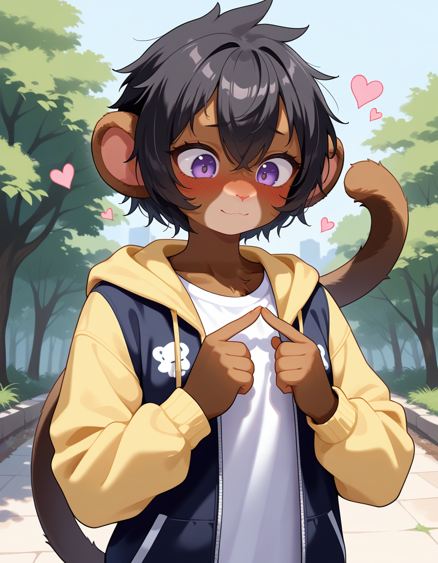 masterpiece, best quality, very aesthetic, absurdres,
outdoors, 
upper body, embarrassed, looking down, index fingers together, shy, hearts, light smile, 
t-shirt, jacket, 
 <lora:MewMew_v02_NAIXL:1>
MewMewM,1girl,solo,furry,furry female, short hair, black hair, hair between eye, animal ears, purple eyes, body fur, brown fur, monkey tail,