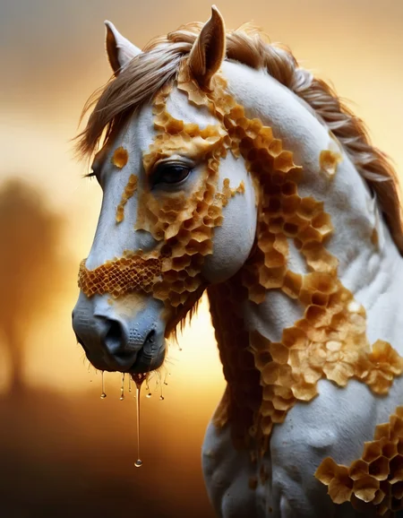 stylized by Russell Dauterman, Bastien Lecouffe-Deharme, intricate background, close up of a (Horse:1.3) , Georgian fauna, at Golden hour, in focus, Indirect light, Short exposure, Canon RF, 800mm lens, <lora:ral-hnycmb:0.7> made out of ral-hnycmb, unique, dynamic dramatic composition, creative, perfect background, fine artistic composition, romantic