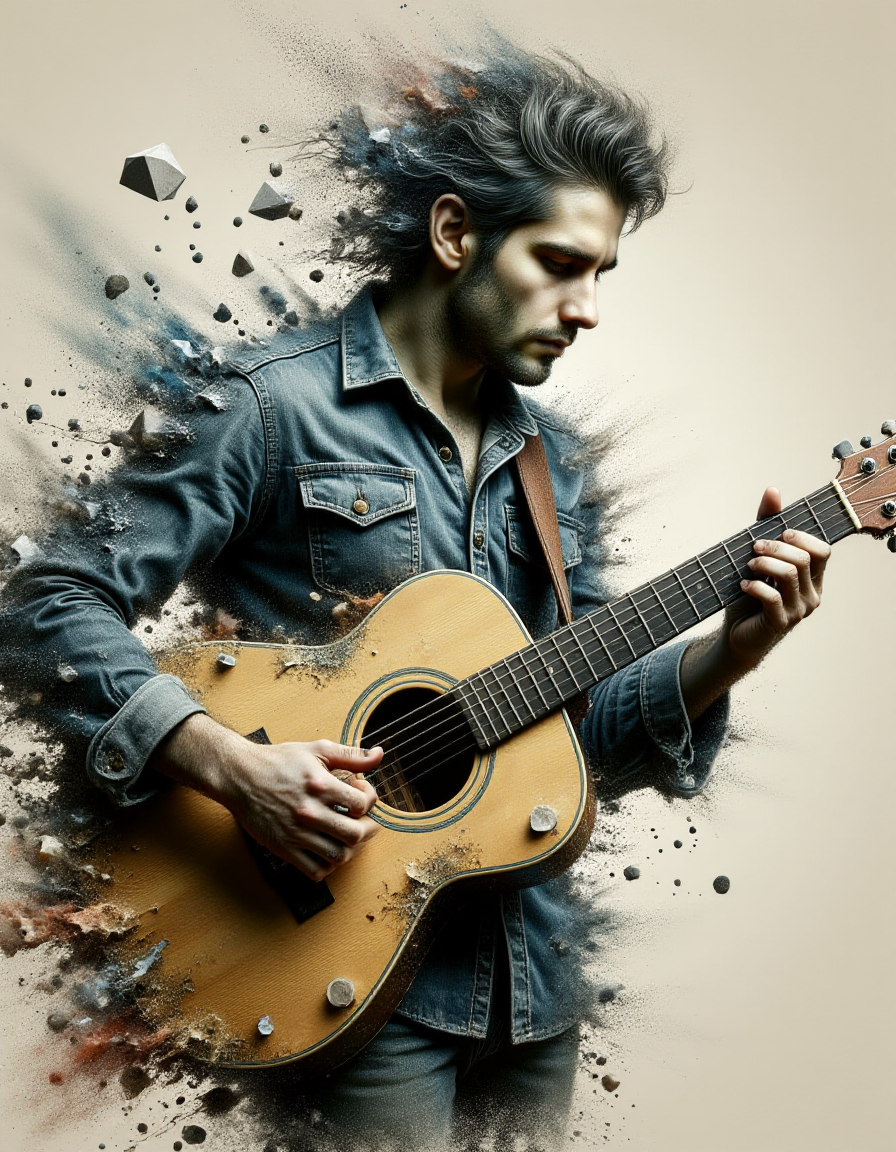 A cubist portrayal of a musician playing a guitar, with geometric shapes and fragmented planes constructing the figure. In the ral-dissolve style, the angular forms start to disassemble into floating polygons and facets, which then dissolve into fine particles of light. The deconstruction of form and the subsequent dissolution highlight the transient nature of art and performance.
 <lora:ral-dissolve-flux_000005000:1>