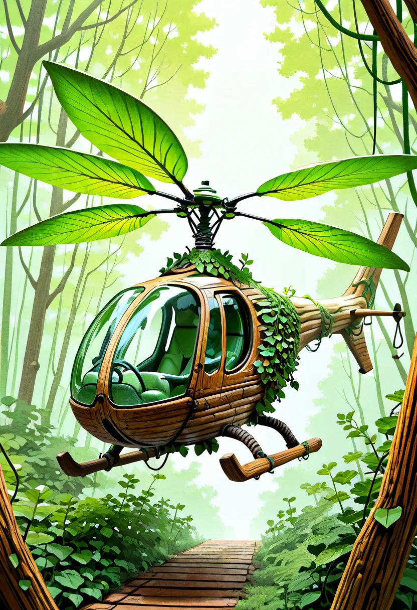 masterpiece, best quality, no humans, ,<lora:BioCopter_IXL:0.8>, BioCopter, natural wood frame, thick ivy vines, organic propellers, bio-engineered leaves, lush rainforest, upward ascent, close-up perspective, vibrant lighting, natural energy â Rising from the dense rainforest floor, the BioCopterâs natural wood frame and thick ivy vines spiral upward, its organic propellers humming with natural energy. The bio-engineered leaves shimmer in the vibrant light as the helicopter ascends toward the sky, catching the rays of the sun as they filter through the layers of green. The close-up perspective showcases the intricate details of its plant-based construction, highlighting the perfect harmony between technology and nature. The air is thick with the sounds of wildlife, and the lush rainforest seems to pulse with life as the BioCopter moves effortlessly toward the treetops.
