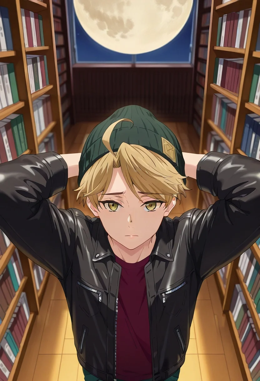 masterpiece, best quality, , semi-realistic, looking at viewer, 1boy, solo, male focus, <lora:yuuma_nikaidou_ilxl:0.98>, yuuma_nikaidou, blonde hair, yellow eyes, short hair, ahoge, from above, library, books, night, full moon, arms behind head, sad, leather jacket, beanie