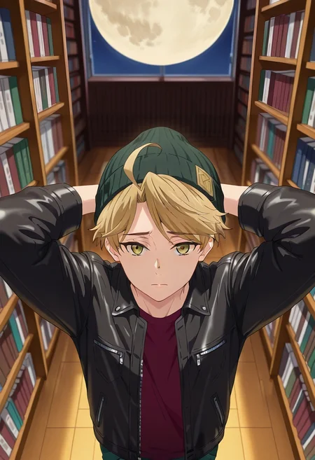 masterpiece, best quality, , semi-realistic, looking at viewer, 1boy, solo, male focus, <lora:yuuma_nikaidou_ilxl:0.98>, yuuma_nikaidou, blonde hair, yellow eyes, short hair, ahoge, from above, library, books, night, full moon, arms behind head, sad, leather jacket, beanie