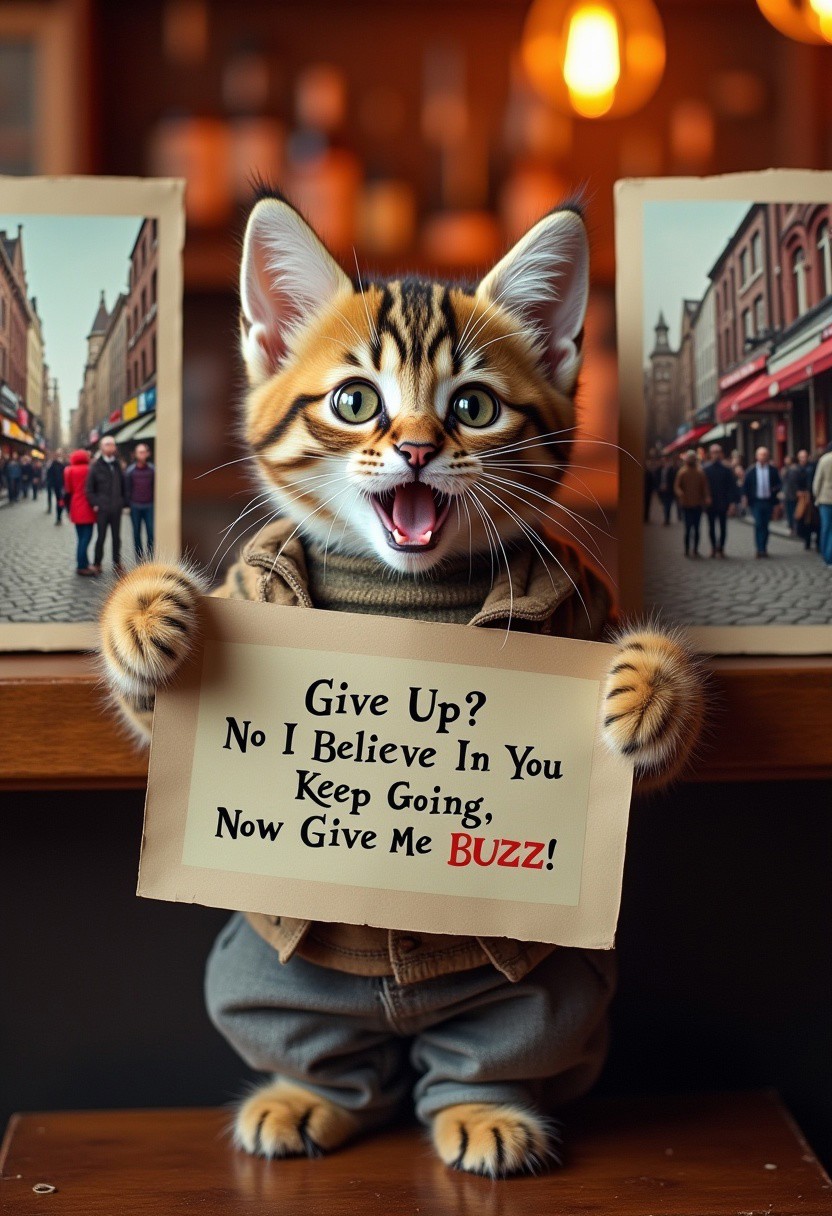 A very cute adorable charmingly down-to-earth kitten with a warm smile is seen in a lively bar, holding up a sign that reads "Give Up? No I Believe In You Keep Going, Now Give Me BUZZ!'' The kitten is dressed casually, with a relaxed demeanour that invites connection. The images on either side of him are striking photographs, capturing vibrant city scenes with a touch of nostalgia. Each image is richly detailed, showcasing a blend of modern urban life and old-world charm. The overall composition exudes a sense of warmth and familiarity, making it impossible to look away.