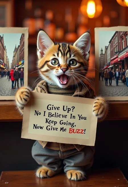 A very cute adorable charmingly down-to-earth kitten with a warm smile is seen in a lively bar, holding up a sign that reads "Give Up? No I Believe In You Keep Going, Now Give Me BUZZ!'' The kitten is dressed casually, with a relaxed demeanour that invites connection. The images on either side of him are striking photographs, capturing vibrant city scenes with a touch of nostalgia. Each image is richly detailed, showcasing a blend of modern urban life and old-world charm. The overall composition exudes a sense of warmth and familiarity, making it impossible to look away.
