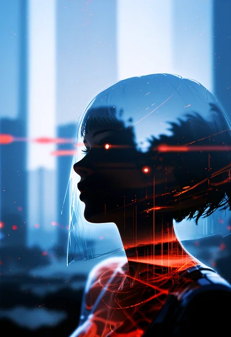 1girl, silhouette outline, blurred edges, transparent body, double exposure electronic circuit, (double_exposure, d2exp, neonid2exp:1.2), (depth of field:1.3), abstract background, science fiction, future, score_9, score_8_up, score_7_up, <lora:neoni2exp:1>