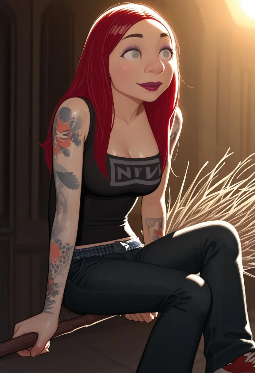 masterpiece, best quality, detailed, realistic, (close up), joyful, solo, Gretchenw, solo, red hair, grey eyes, long hair, tank top,jeans,belt, arm tattoo,sneakers, (detailed eyes), eyeliner, (sitting on a flying broom:1.3),  dramatic lighting, backlighting, ((masterpiece)), ((best quality)), best quality, very aesthetic, absurdres, close up, shiny skin, glistening skin, glossy skin, oiled skin,