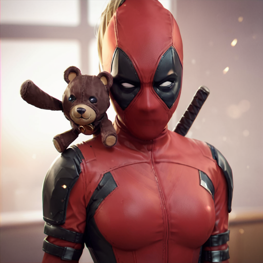score_9, score_8_up, score_7_up, score_6_up, score_5_up, score_4_up, source_anime,  LadyDeadpool, bodysuit, no mouth, cuddle teddy