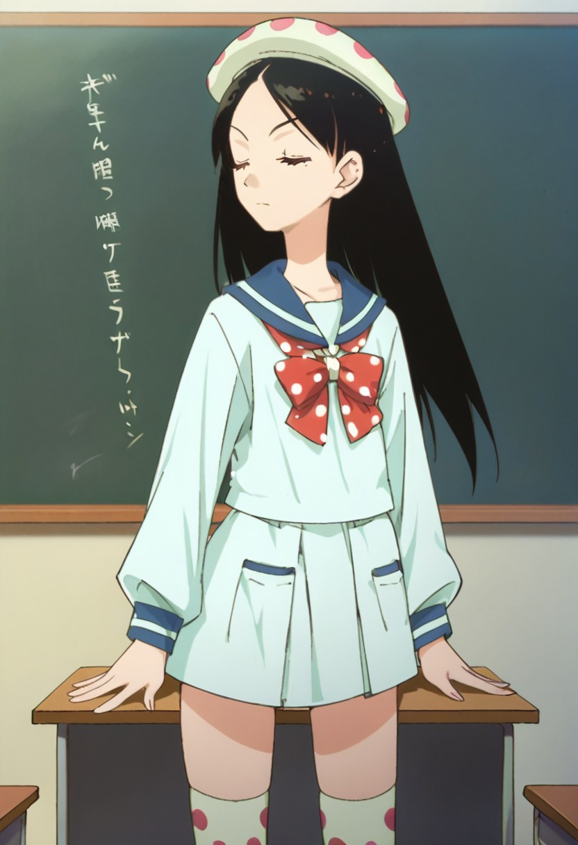 score_9, score_8, score_7, source_anime, kitsu chiri, thighhighs, sailor collar, bow, polka dot, anime coloring, desk, chalkboard, cowboy shot, closed eyes, hat
