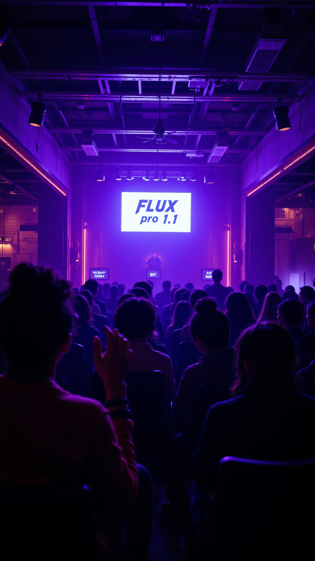 A neon-lit gaming Ranch house, where the scoreboard flashes "FLUX pro 1.1" in bold letters as the crowd cheers under pulsating lights.  , aidmafluxpro1.1