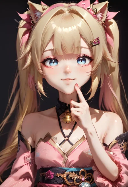 anime art. catgirl with blonde hair, ponytails, blue eyes, pink shirt, hairclip, flat chest, cute pink dress, cat tail, blooming blosssoms