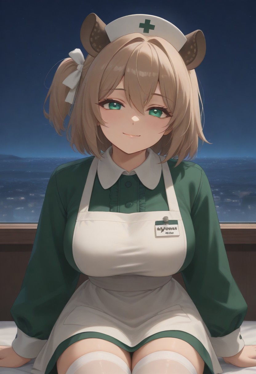 1girl, solo, solo focus, highres, absurdres, NimiNightmare, nurse cap, green eyes, bangs, animal ears, brown hair, hair between eyes, short hair, one side up,
large breasts, white apron, green dress, long sleeves, collared dress, puffy sleeves, white thighhighs,
looking at viewer, closed mouth, smug, head tilt,
cityscape, neon lights, window, dark, night, night sky, light particles, backlighting,