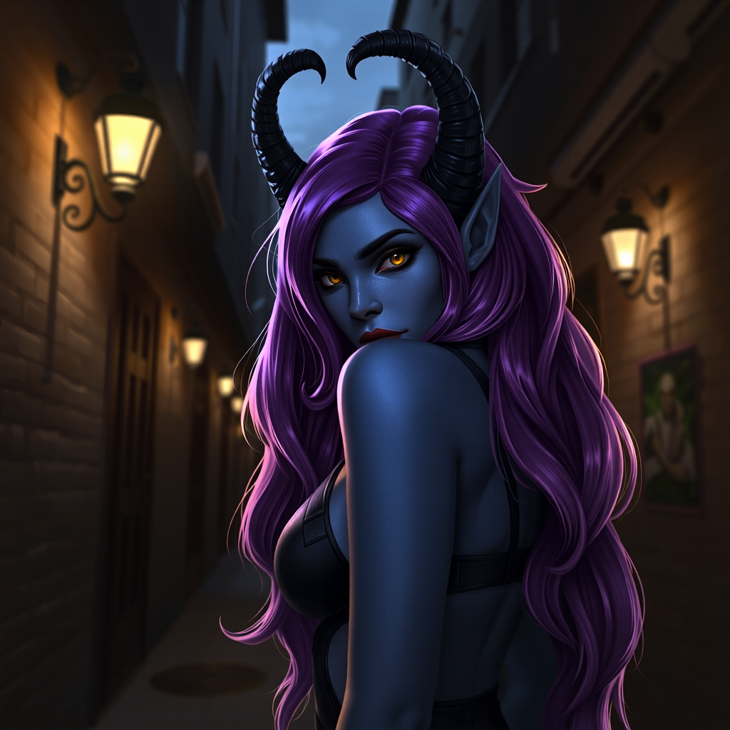 Epic_LOL, A darkened alleyway at dusk, with flickering street lamps casting an eerie glow on the walls. The camera frames a stunning Tiefling demon, its blue-skin radiant under the soft light. Long, lilac locks cascade down her back like a river of nightshade, as she gazes out with piercing yellow cat eyes that seem to pierce through the shadows. Her horns curve upwards, like twin crescent moons, as she stands tall, exuding an air of mysterious allure