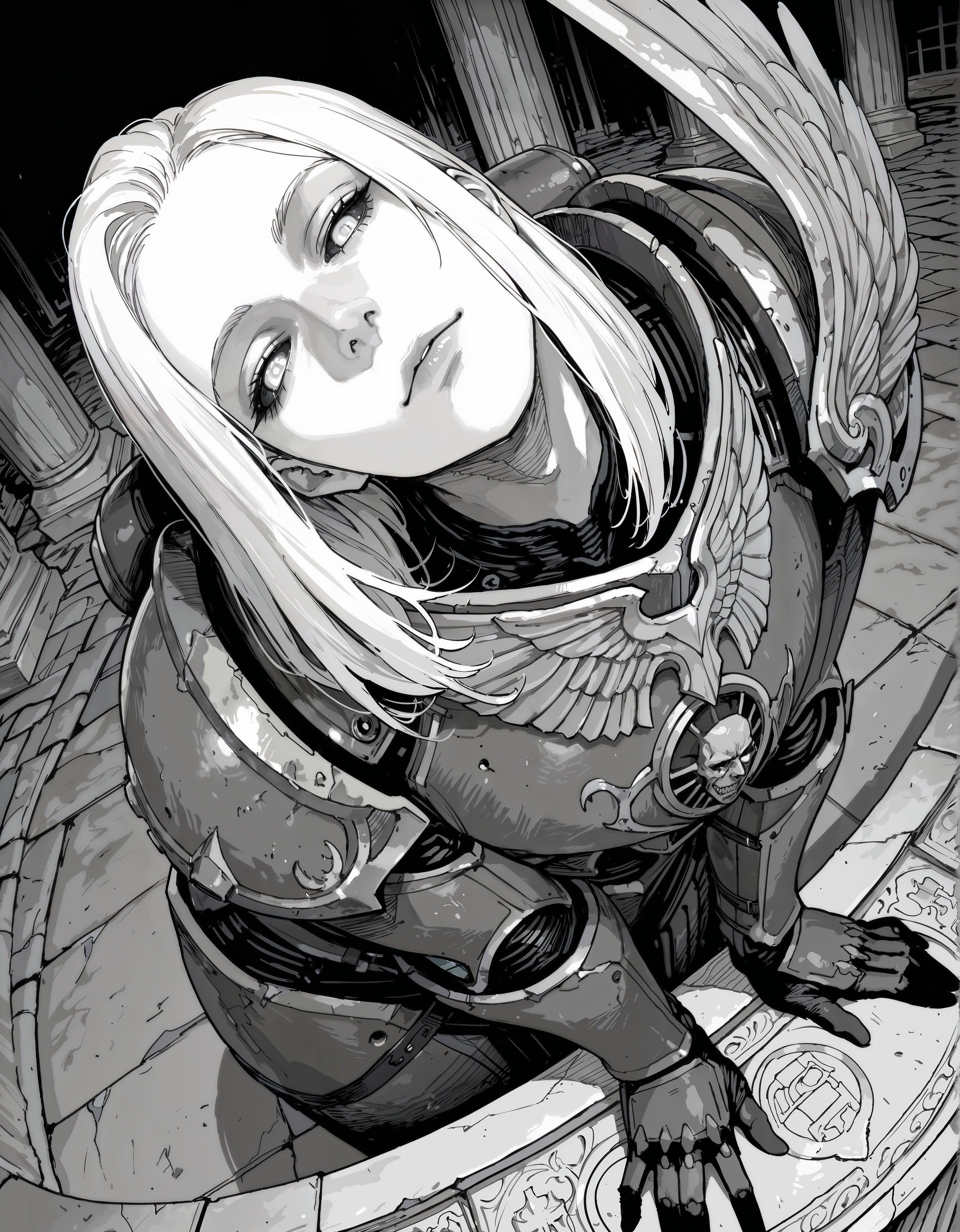 (realistic greyscale manga\(theme\), linear hatching, hatching \(texture\):1.1), ultra-detailed shot by fujimoto tatsuki \(style\), (brutal, cruel,:1.2), very awa, masterpiece, highres, absurdres, newest, year 2024, year 2023, safe general, iLLFulgrim40k, 1boy, mystical creature, solo, cowboy shot, (leaning forward:1.2), from above, (distorted fisheye perspective:1.2), dutch angle, (foreshortening:1.2) close-up face, calm, nose, lips, power armor, wing ornament, pale skin, (black sclera:1.3), white eyes, looking at viewer, (head tilt:1.3), arched back, on pedestal, dark background, medieval fantasy, illustration, ultra-detailed textures, statues on background, (dutch angle, perspective:1.2), <lora:iLLFulgrim40k:1>  <lora:748cmSDXL:0.4> 748cmstyle  <lora:takayanagi_katsuya:0.3>