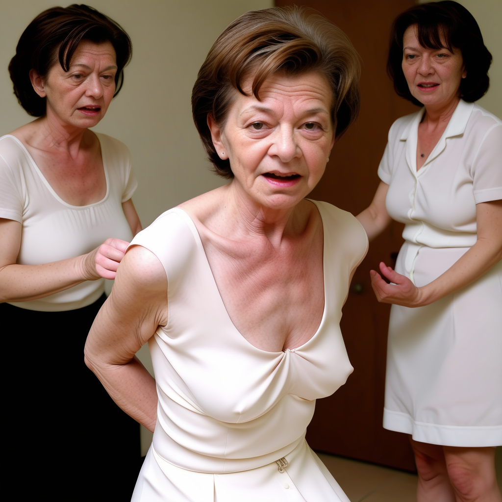 dress, navel, wrinkled skin, brown hair, mature female, pussy, medium breasts, 1girl, white dress, multiple girls