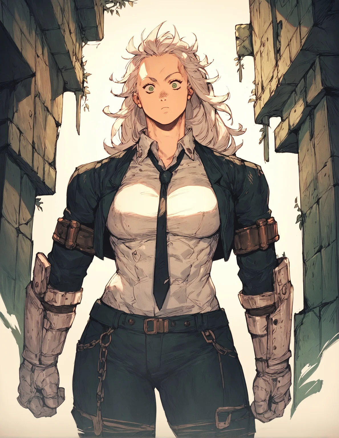 score_9, score_8_up, score_7_up,score_6_up,high resolution,qhayastyle,noi,long hair,white hair,muscular female,1girl,ruins,rim lighting,dof,solo,pov,front view,suit,tie,jacke,pants,green background