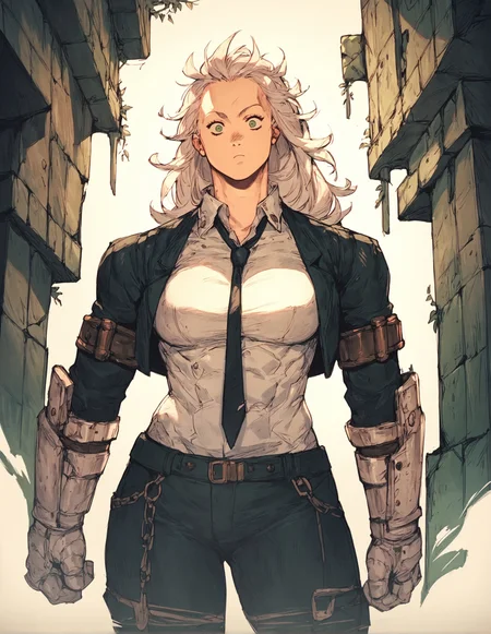score_9, score_8_up, score_7_up,score_6_up,high resolution,qhayastyle,noi,long hair,white hair,muscular female,1girl,ruins,rim lighting,dof,solo,pov,front view,suit,tie,jacke,pants,green background
