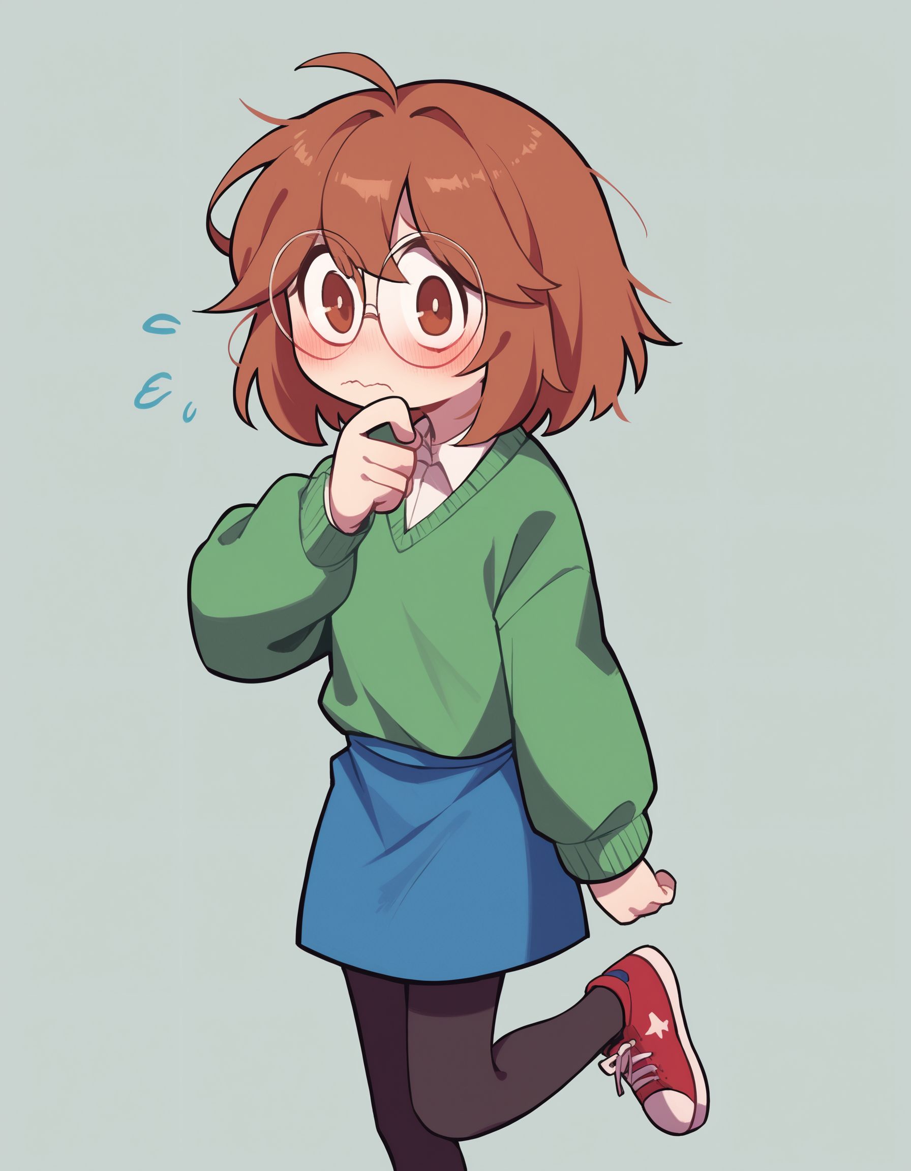 zPDXL, score_9, score_8_up, score_7_up, source_anime, 4k, absurdres, 1girl, solo,
<lora:CWew:0.8> cwew, brown hair, brown eyes, round eyewear, green sweater, blue skirt, black pantyhose, red sneakers, looking at viewer, nervous, blush,