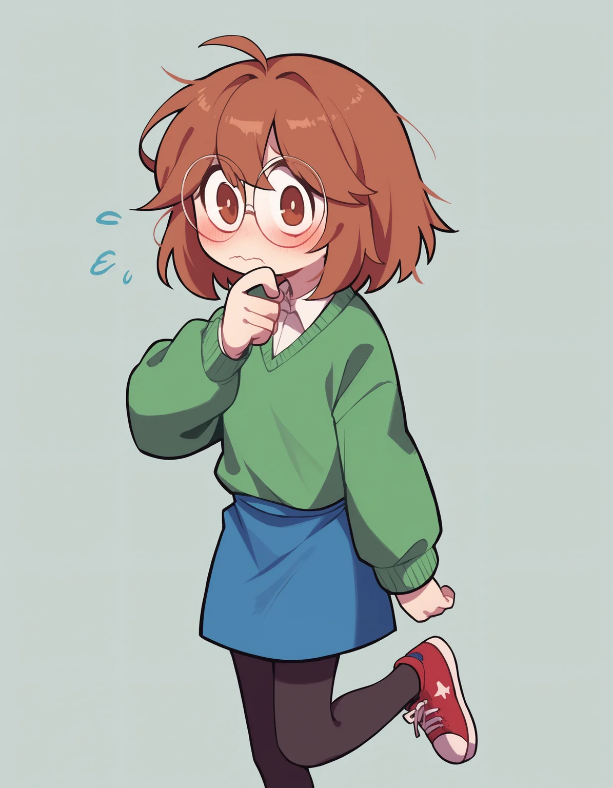 zPDXL, score_9, score_8_up, score_7_up, source_anime, 4k, absurdres, 1girl, solo,
<lora:CWew:0.8> cwew, brown hair, brown eyes, round eyewear, green sweater, blue skirt, black pantyhose, red sneakers, looking at viewer, nervous, blush,