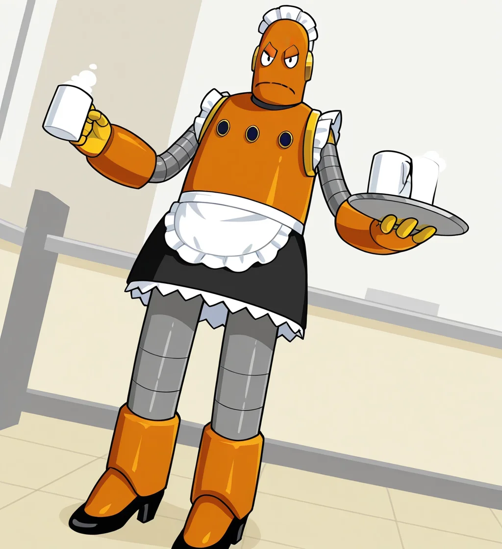 high resolution, best quality, 4k, solo, male, dutch angle, full body, front view, looking down, holding plates, holding mugs, maid outfit, maid shirt, maid skirt, maid headdress, diner background, <lora:Moby_the_robot_-_BrainPOP:1> m0by, robot, orange body, noseless, black eyes, grey arms, grey legs, orange gauntlets, black high heels, 4 fingers, yellow hands, frown, angry