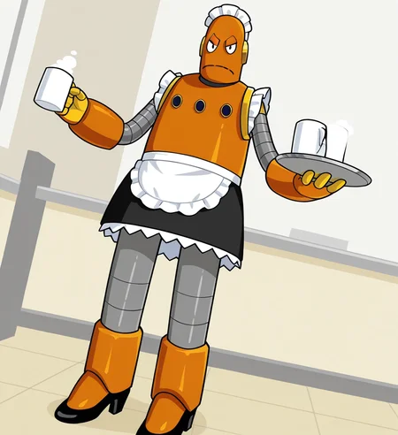 high resolution, best quality, 4k, solo, male, dutch angle, full body, front view, looking down, holding plates, holding mugs, maid outfit, maid shirt, maid skirt, maid headdress, diner background, <lora:Moby_the_robot_-_BrainPOP:1> m0by, robot, orange body, noseless, black eyes, grey arms, grey legs, orange gauntlets, black high heels, 4 fingers, yellow hands, frown, angry