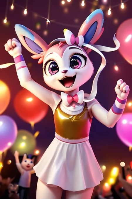 neko, girl, cute, Disney Pixar style Sylveon Pokemon, highly detailed, fluffy, big eyes, beautiful, soft, ultra high quality octane render, hooray, arms up, yay, celebrate, excited, happy, victory, good hands, best hands,