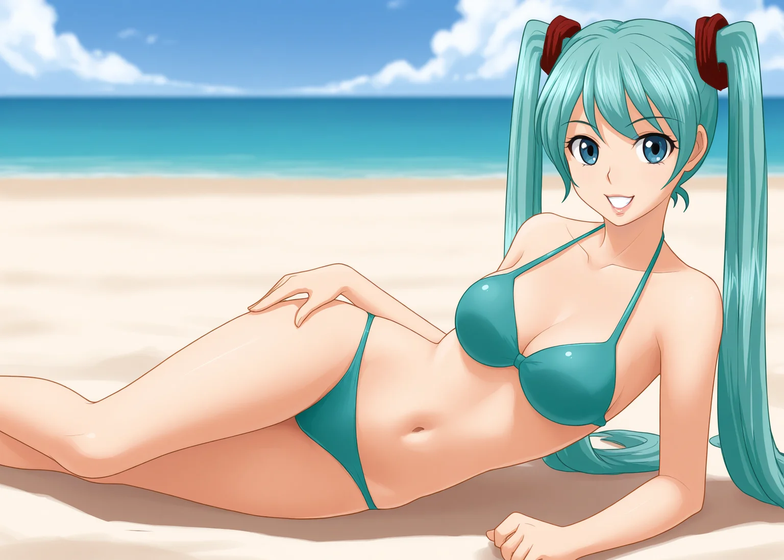 masterpiece, best quality, amazing quality, very aesthetic, absurdres, mikugirlbikini, solo, looking_at_viewer, collarbone, cleavage, medium_breasts, open_mouth, grin, smile, lips, hair_scrunchie, red_scrunchie, navel, panties, legs, lying, on_side, beach, cloudy_sky, <lora:Miku_ES_V1(IL):0.9> very_long_hair, twintails, aqua_hair, aqua_bikini,