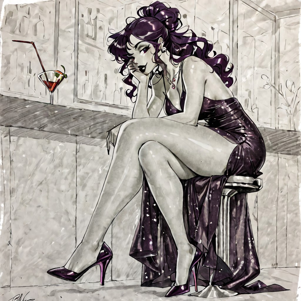 easynegative, NegfeetV2, ng_deepnegative_v1_75t, doubledeestyle, graphite (medium), pencil sketch, greyscale, colored accents, monochrome, traditional style, cross-hatching, soft shading, stylized anatomy, soft grain texture, full body woman, tall, sitting at a bar, evening gown, hair put up, having a drink, legs crossed, wearing heels, hand resting on face, black wavy hair, black lipstick, black gown, necklace