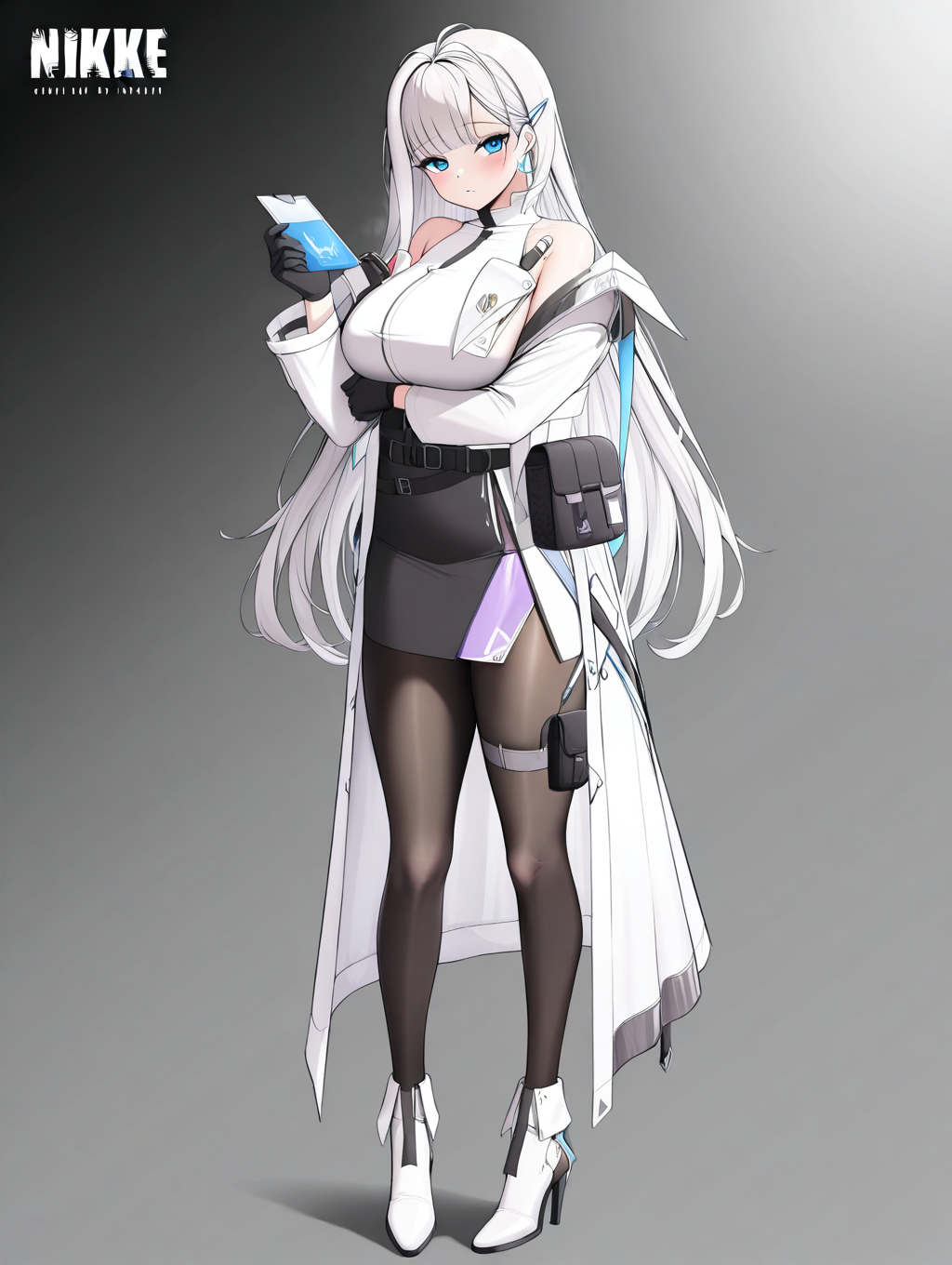(masterpiece,best quality,ultra_detailed,highres,absurdres:1.2,amazing quality,very aesthetic),<lora:cecil-nikke_ilxl_v1-000015:0.8>,1girl,long hair,full body,blue eyes,solo,black gloves,skirt,large breasts,pantyhose,pouch,white coat,black pantyhose,thigh strap,arm under breasts,black skirt,hair ornament,looking at viewer,white hair,high heels,belt pouch,white shirt,white footwear,id card,standing,bare shoulders,thigh pouch,shirt,belt,long sleeves,ankle boots,sleeveless,jewelry,earrings,hairclip,cecil\(nikke\),