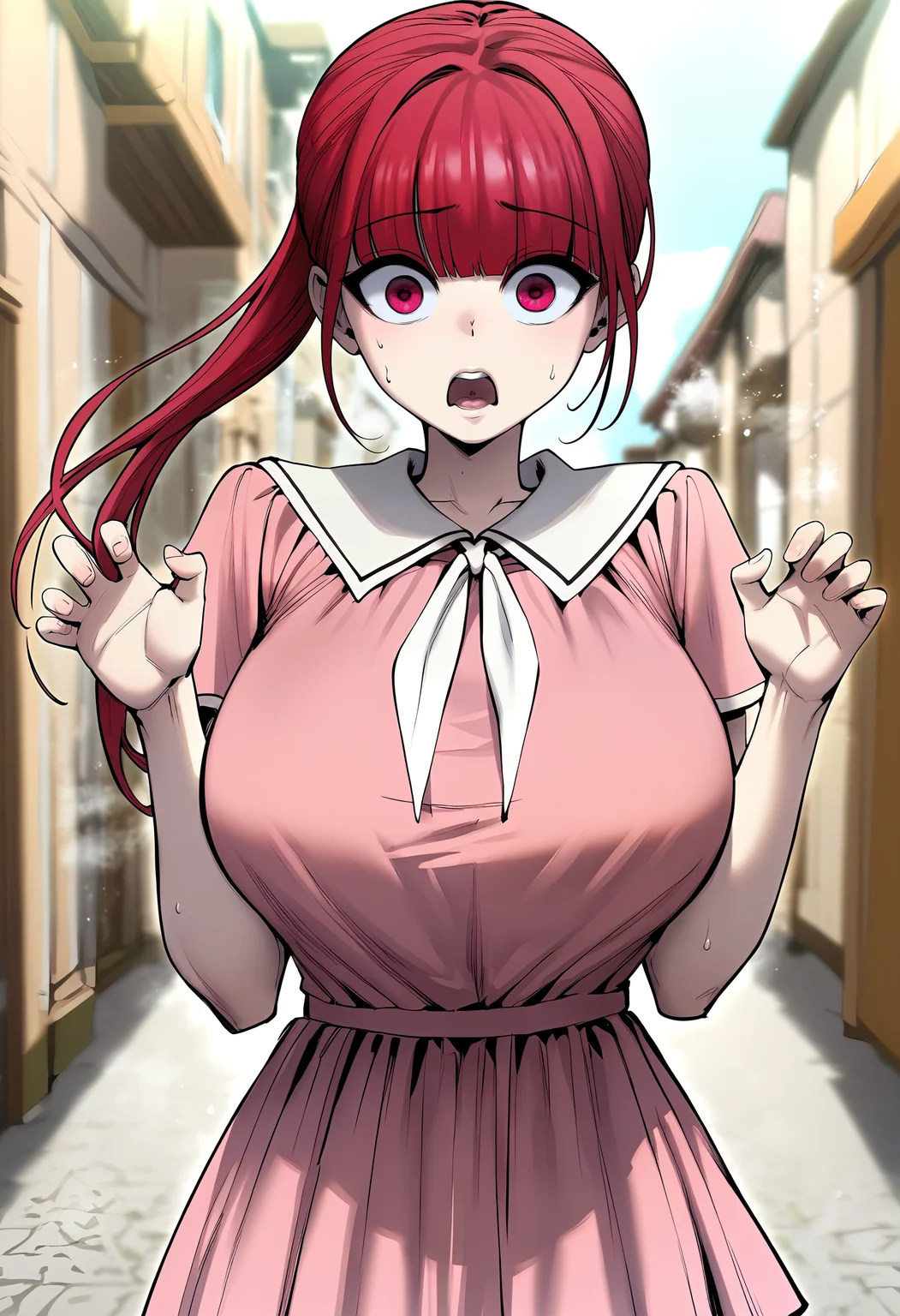 score_9, score_8_up, score_7_up, score_6_up, source_anime, rating_explicit, 1girl, (solo:1.2), huge breasts, <lora:Eraponyxl:1> red hair, ponytail, long hair, red eyes, blunt bangs, pink eyes, white neckerchief, pink dress, short sleeves, short dress, surprised, open mouth, Narrow shoulders, heavy breathing, steaming body, hallway, street, outdoors, looking at viewer, close-up, standing, hands up