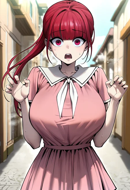 score_9, score_8_up, score_7_up, score_6_up, source_anime, rating_explicit, 1girl, (solo:1.2), huge breasts, <lora:Eraponyxl:1> red hair, ponytail, long hair, red eyes, blunt bangs, pink eyes, white neckerchief, pink dress, short sleeves, short dress, surprised, open mouth, Narrow shoulders, heavy breathing, steaming body, hallway, street, outdoors, looking at viewer, close-up, standing, hands up