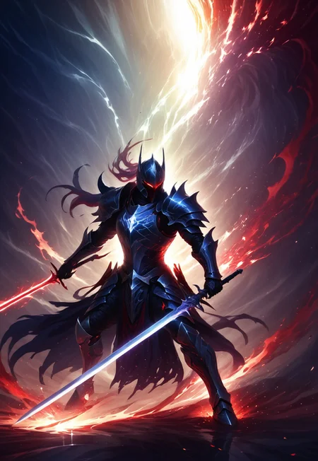 Dark armored specter and silver knight fused together, each side holding a sword, locked in an intense inner battle, red eyes clashing with white, spectral mist and radiant light swirling in conflict, dark tendrils against gleaming reflections, shadow and light merging violently, representing a struggle between darkness and purity, chaotic energy. abstractzyrnox, abstract, abstract art