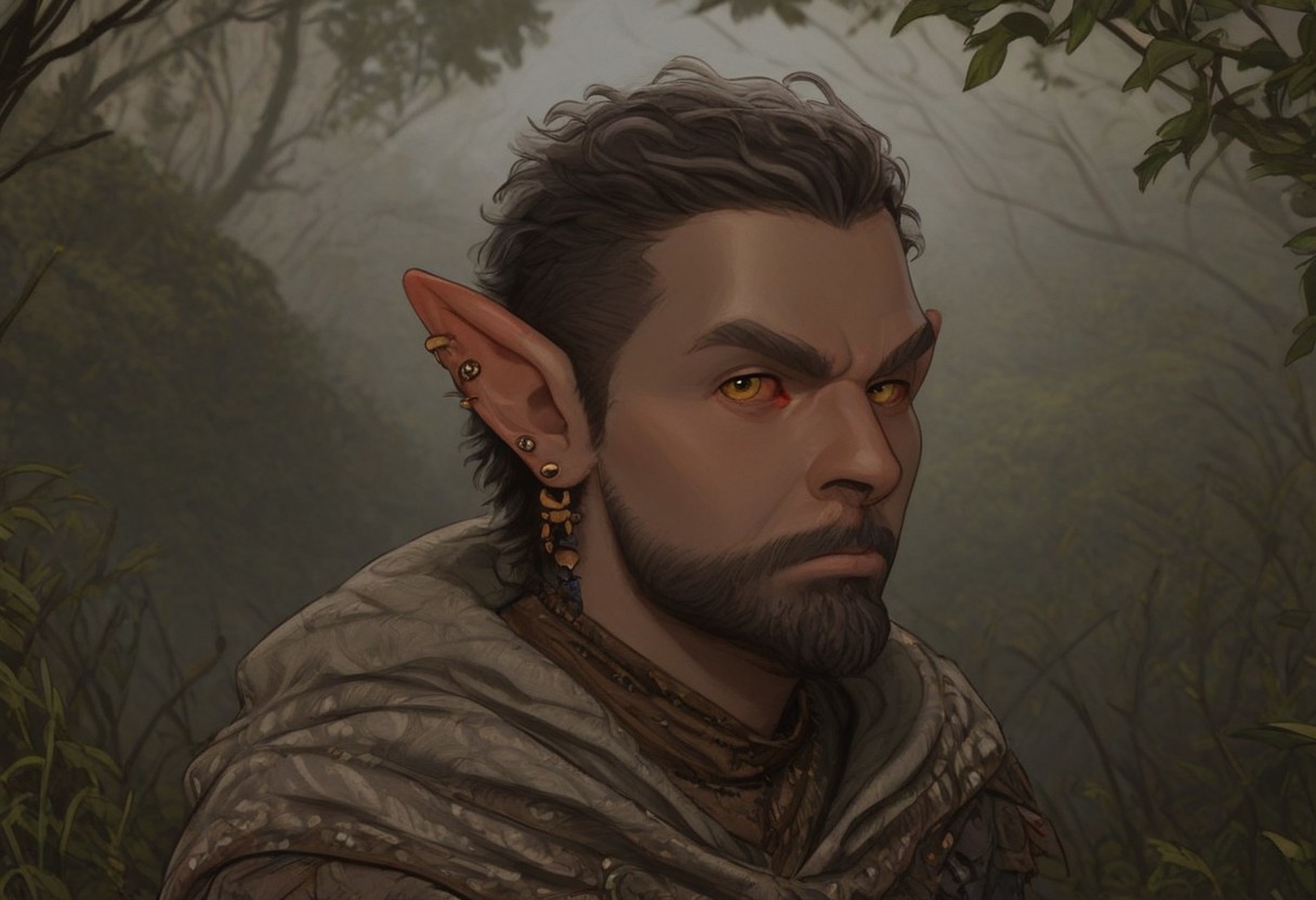 solo, short pointy ears, piercings, random elf face, aquiline features, male dark elf, masculine, facial hair, brow rings, beaded piercings, weathered skin, blue-grey skin, chiseled features, large nose, insect chitin armor, insect chitin helmet, insect chitin ornaments, stylized insect pattern, athletic build,  animated realism, zoomed out, Syrian features, torso, yurts, tents, native camp, elegant berber tapestries, dead trees, ashy soil, grey green foliage, distant grey hills, sunrise, gloomy lighting, grey fabric awnings, dark wood posts, light dust clouds, grey-blue skin, mahogany and ivory clothes, medium armor, bone plate armor, ivory straps and fittings, alien bone ornaments, grey wood neckguard, red sclera, black pupils, blue-green light, neon, highly detailed, defined features, looking at viewer, three quarters view, from side, dynamic lighting, 29 years old, light and shadows, patterned cloth, annoyed expression, expressive eyes, detailed medieval clothes, short hair, wavy hair, thick hair, beaded hair, braided hair, under cut hair, semirealistic, alien elf, spanish features, jewish features, white grey hair, dark red hair, umber skin, sharp features, pastel green inuit print cloak, nighttime, high detail, absurdres, pretty eyes, detailed eyes, yellow eyes,