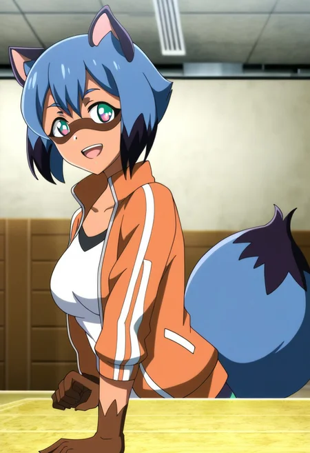 masterpiece, best quality, newest, absurdres, highres, safe, source_anime, BREAK
1girl, michiru kagemori, short hair, black hair, animal ears, blue hair, multicolored hair, furry, furry female, raccoon ears, body fur, raccoon girl, raccoon tail, tail, breasts, looking at viewer, smile, open mouth,