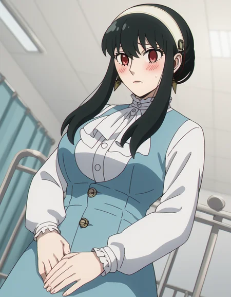 score_9, score_8_up, score_7_up, source_anime, <lora:yor-briar-movie-ponyxl-lora-nochekaiser:1>, yor briar, black hair, red eyes, sidelocks, hairband, short hair with long locks, white hairband, large breasts,, shirt, long sleeves, pantyhose, ascot, frilled sleeves, blue dress, white sleeves, hospital room, bedside, get well flowers, comforting, quiet, , looking at viewer, hands on stomach, blush,, solo,, cowboy shot, dutch angle,