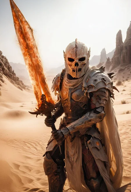 Capture the essence of a titan Wielding translucent fire sword amidst the desert sands, hewn from white alabaster, a warrior figure wielding shield and sword, bearing a Janus-headed helm where multiple faces, expressing both fury and sorrow, adorn its angular skull, fiercely defending its homeland.
atmospheric haze, Film grain, cinematic film still, shallow depth of field, highly detailed, high budget, cinemascope, moody, epic, OverallDetail, gorgeous, 2000s vintage RAW photo, photorealistic, candid camera, color graded cinematic, atmospheric lighting, skin pores, imperfections, natural, shallow dof