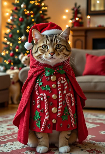 A cat dressed in festive clothing wearing a christmas hat and cape. Cothing is intricately designed chrismtass themed outfit, featuring holly, candy canes and chrismass tress. The background is a festively decorated living room.