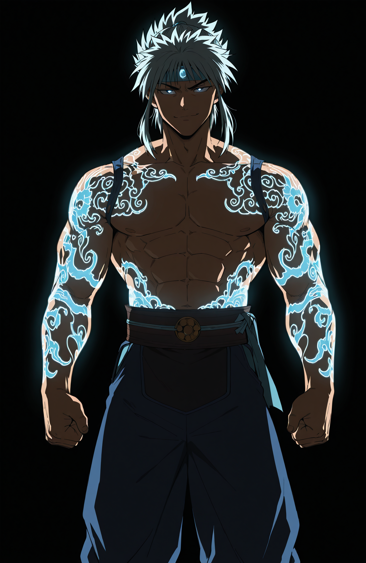 (hiei \(yu yu hakusho\)), 
liukang_body,
muscular male,
looking at viewer, smug, 
martial arts,
feet out of frame,
 ,
simple background,
anime style, anime coloring,
detailed, light, dark, glowing tattoo, color contrast,
masterpiece, best quality, amazing quality, very aesthetic, absurdres, newest, very awa,
<lora:[Char - IL] Mortal Kombat - Liu Kang [Fire God ] (R1E07):0.8>