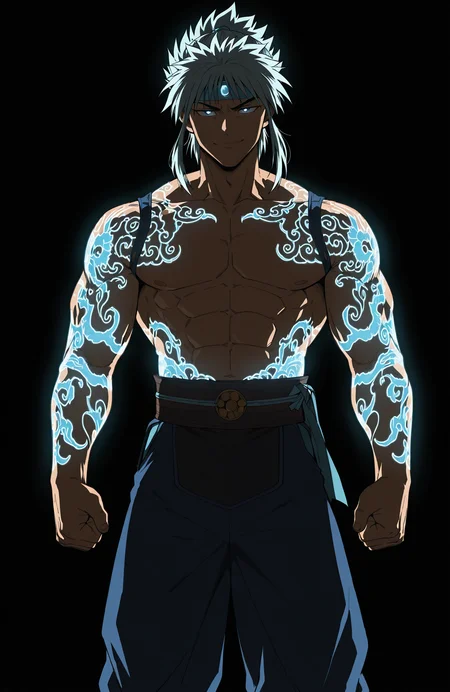 (hiei \(yu yu hakusho\)), 
liukang_body,
muscular male,
looking at viewer, smug, 
martial arts,
feet out of frame,
 ,
simple background,
anime style, anime coloring,
detailed, light, dark, glowing tattoo, color contrast,
masterpiece, best quality, amazing quality, very aesthetic, absurdres, newest, very awa,
<lora:[Char - IL] Mortal Kombat - Liu Kang [Fire God ] (R1E07):0.8>