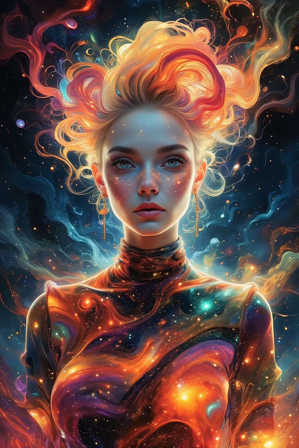 in ARTIST style, masterpiece, female sentient cloud being, wispy form composed of swirling stardust and nebula gas, attire a symphony of celestial bodies galaxies draped like scarves, comets as sashes, rendered in a cosmic abstract style with swirling brushstrokes, wearing unique Avant-garde masterpiece attire and headdress, bathed in the diffused glow of a neutron star, set against the backdrop of a colliding galaxies fiery tendrils of energy weaving between them, Background is Deep space with a churning vortex of color and light, hyperdetailed, intricate details, Refined details, best quality, highly detailed textures, very stylish detailed modern haircut, mesmerizing detailed radiant face, mesmerizing detailed beautiful eyes, (red hybrid orange) neon light,scifi,
<lora:Space-flux:0.8> noc-space,
<lora:aidmaGLOWV4wc:0.6> aidmaGlow,
<lora:edgy_fashionista_flux_ntc_v2:0.5>,
<lora:bokeh_flux_ntc:0.5>,
<lora:detailed_flux_ntc:0.5>
<lora:Ink_Marbling_Portraits:0.5> FFAIM