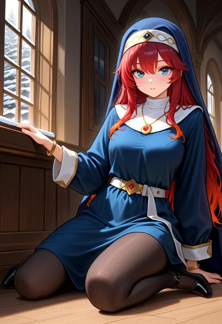 masterpiece, best quality, amazing quality, very aesthetic, absurdres, newest, fayeffl3, 1girl, long blue dress, gold necklace, gold bracelets, blue eyes, white belt, black pump shoes, pantyhose, close up, looking at viewer, (red hair, gradient hair:1.4), holding habit, indoors, window, snow,